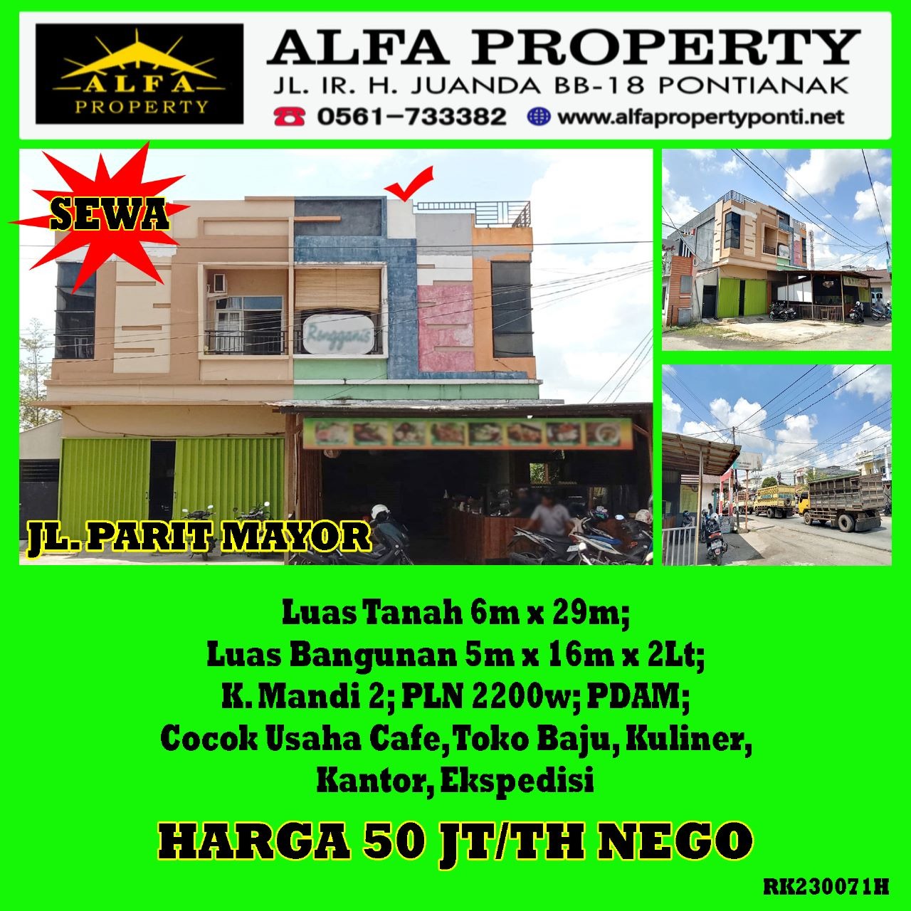 Disewakan Ruko Parit Mayor Pontianak Kalimantan Barat