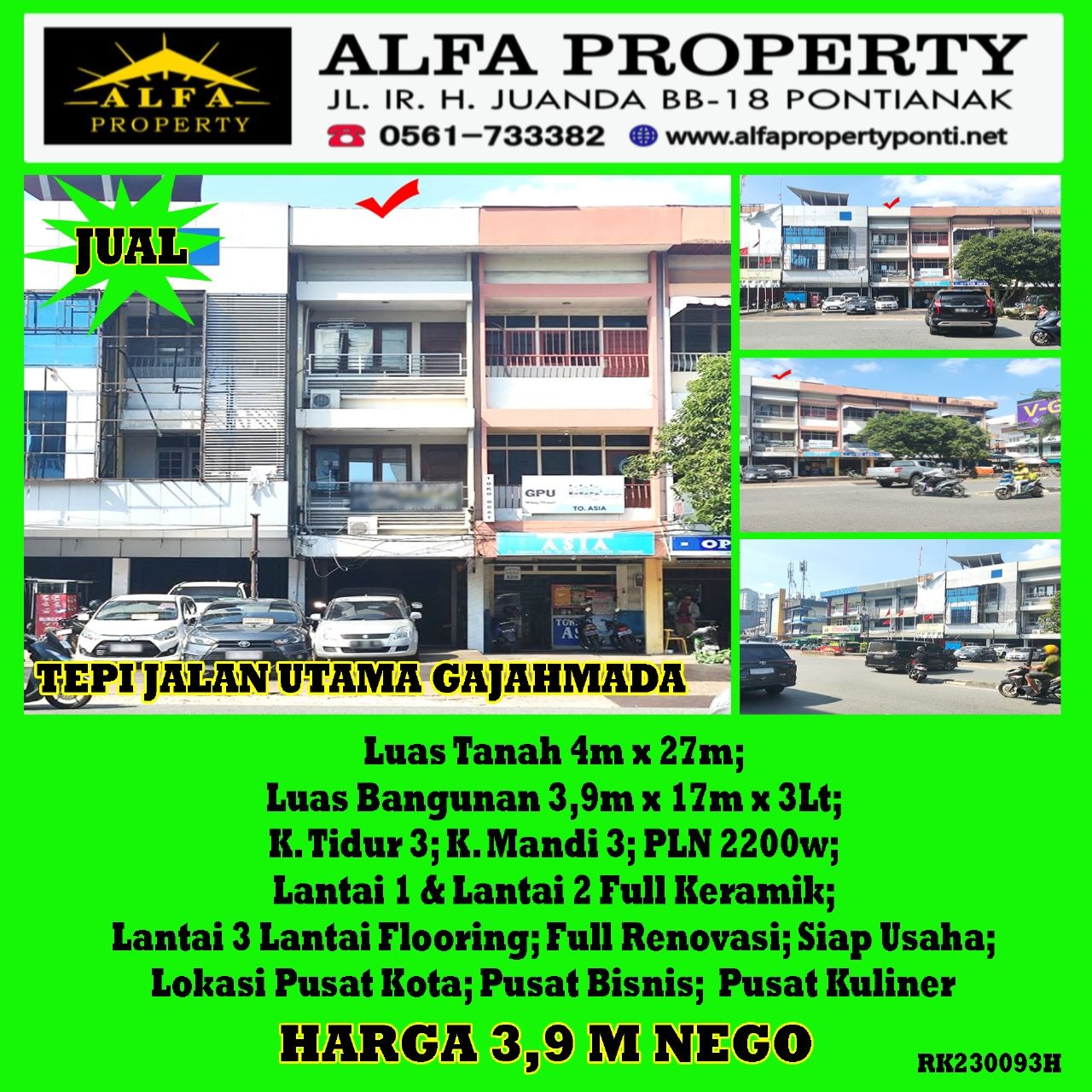 Dijual Ruko Jalan Utama Gajahmada Pontianak Kalimantan Barat